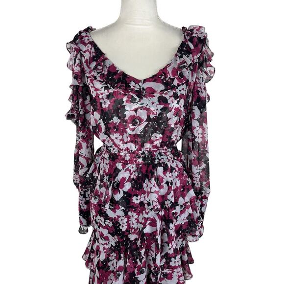 MISA Catriona Cold Shoulder Floral Midi Dress Ruffle Tiered Size Medium - Picture 5 of 10